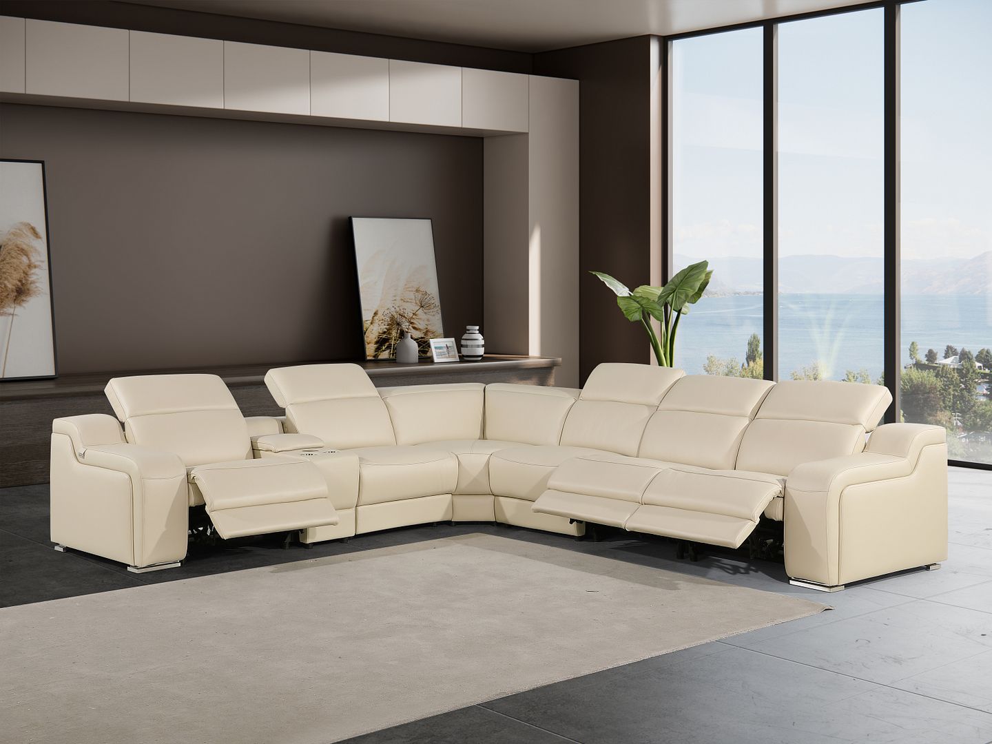 1116 Divanitalia 7-Piece L-Shaped Sectional Sofa in Top Grain Italian Leather with 3 Power Recliners & Power Headrests - Beige