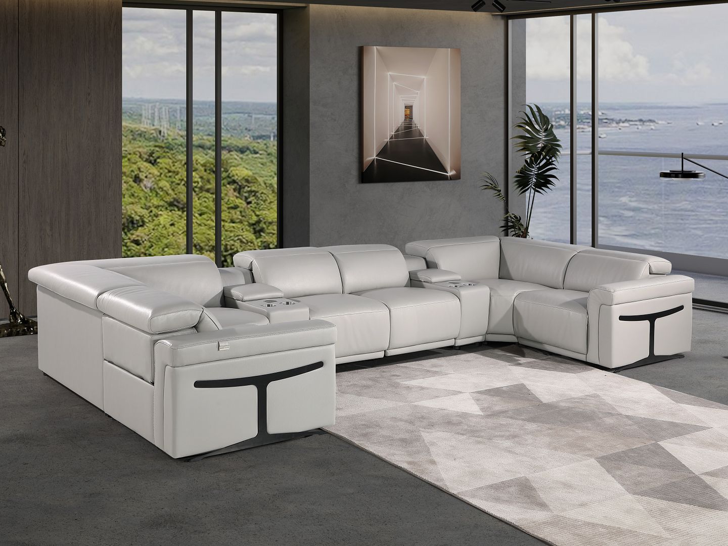 1126 Divanitalia 8-Piece U-Shaped Sectional Sofa in Top Grain Italian Leather with 2 Power Recliners & Power Headrests - Light Grey