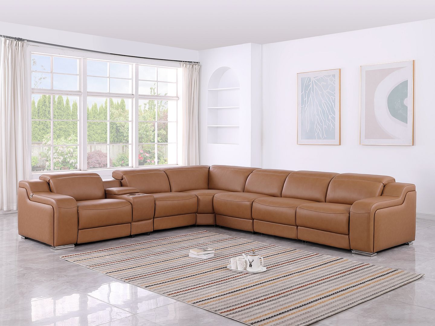 1116 Divanitalia 7-Piece L-Shaped Sectional Sofa in Top Grain Italian Leather with 4 Power Recliners & Power Headrests - Cognac