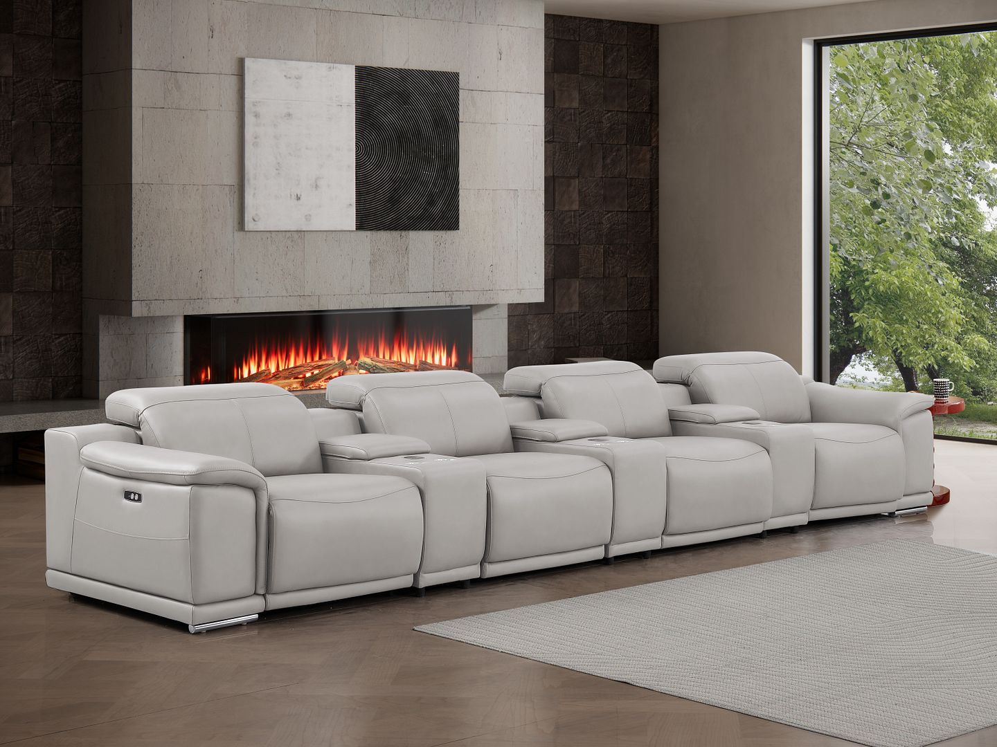 2679 Genuine Leather Sofa with 4 Power Recliners, Power Headrests & 3 Storage Consoles - Light Grey