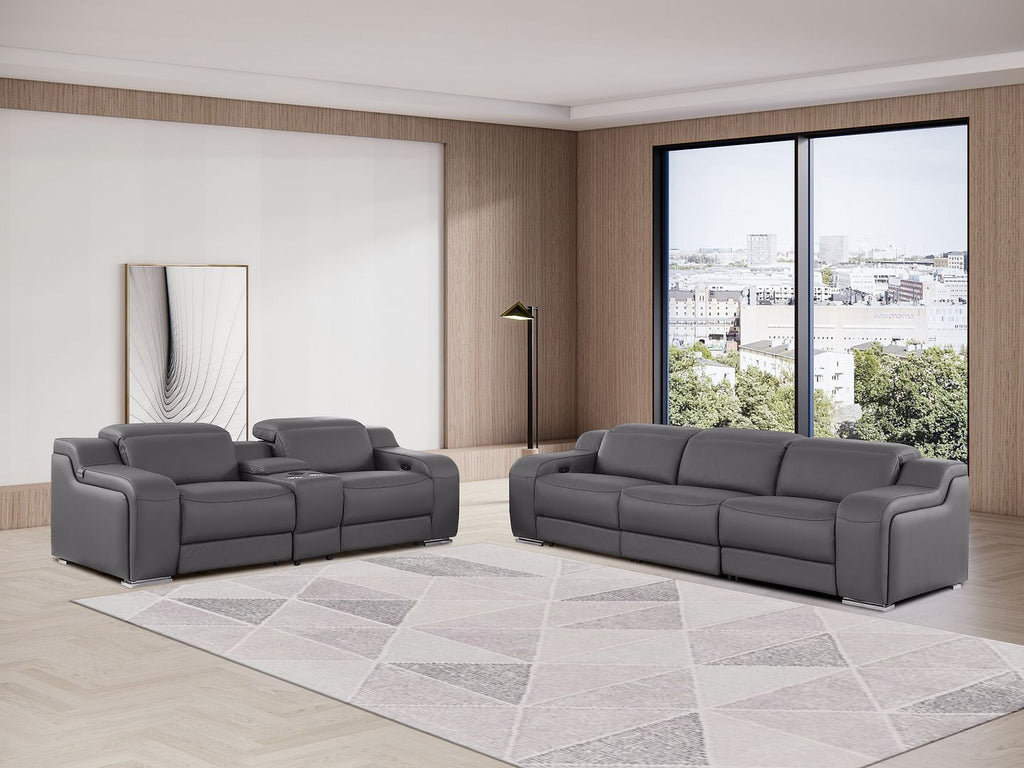 1116 DivanItalia Dark Grey 6-Piece Modular Power Reclining Sofa and Console Loveseat Set in Top Grain Italian Leather with 5 Power Recliners & Power - free Headrestshite glove delviery in LA, Ventura and Orange counties