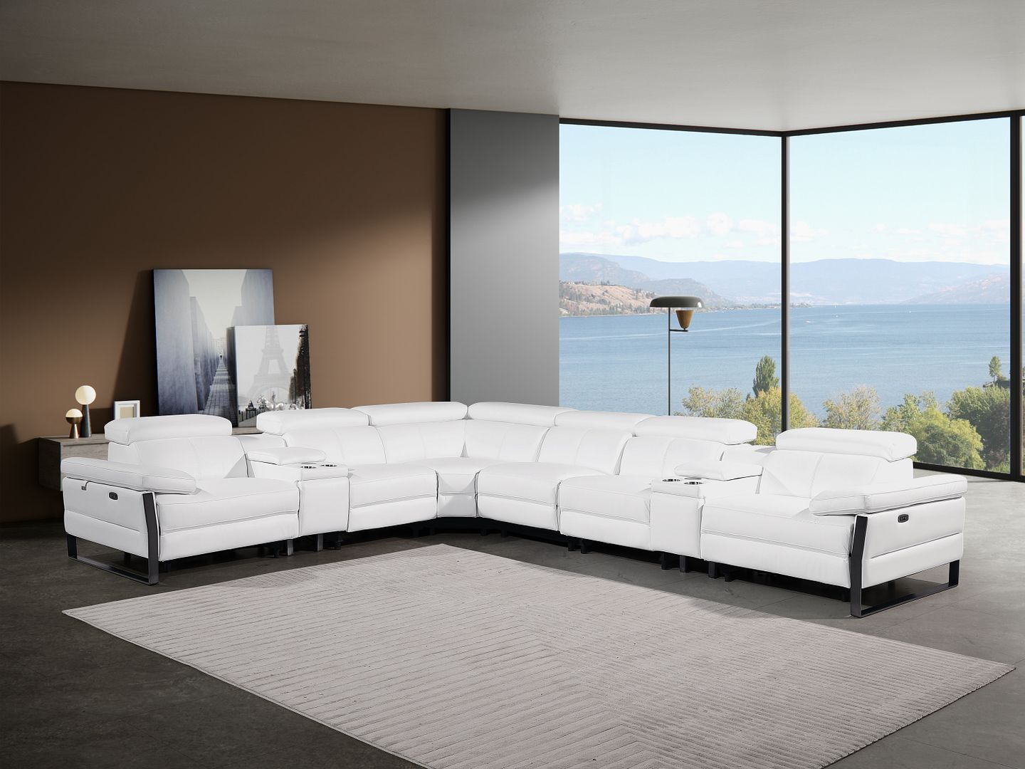 1246 Divanitalia 8-Piece U-Shaped Modular Power Reclining Sectional Sofa with 4 Power Recliners and Power Headrests - Top Grain Italian Leather - Black