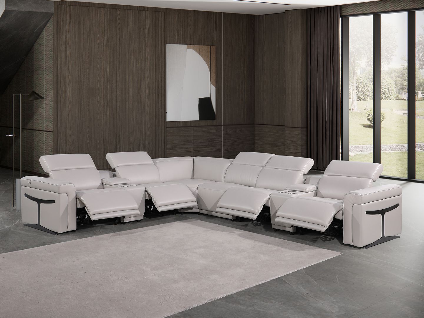 1126 Divanitalia 8-Piece L-Shaped Sectional Sofa in Top Grain Italian Leather with 4 Power Recliners & Power Headrests - Light Grey