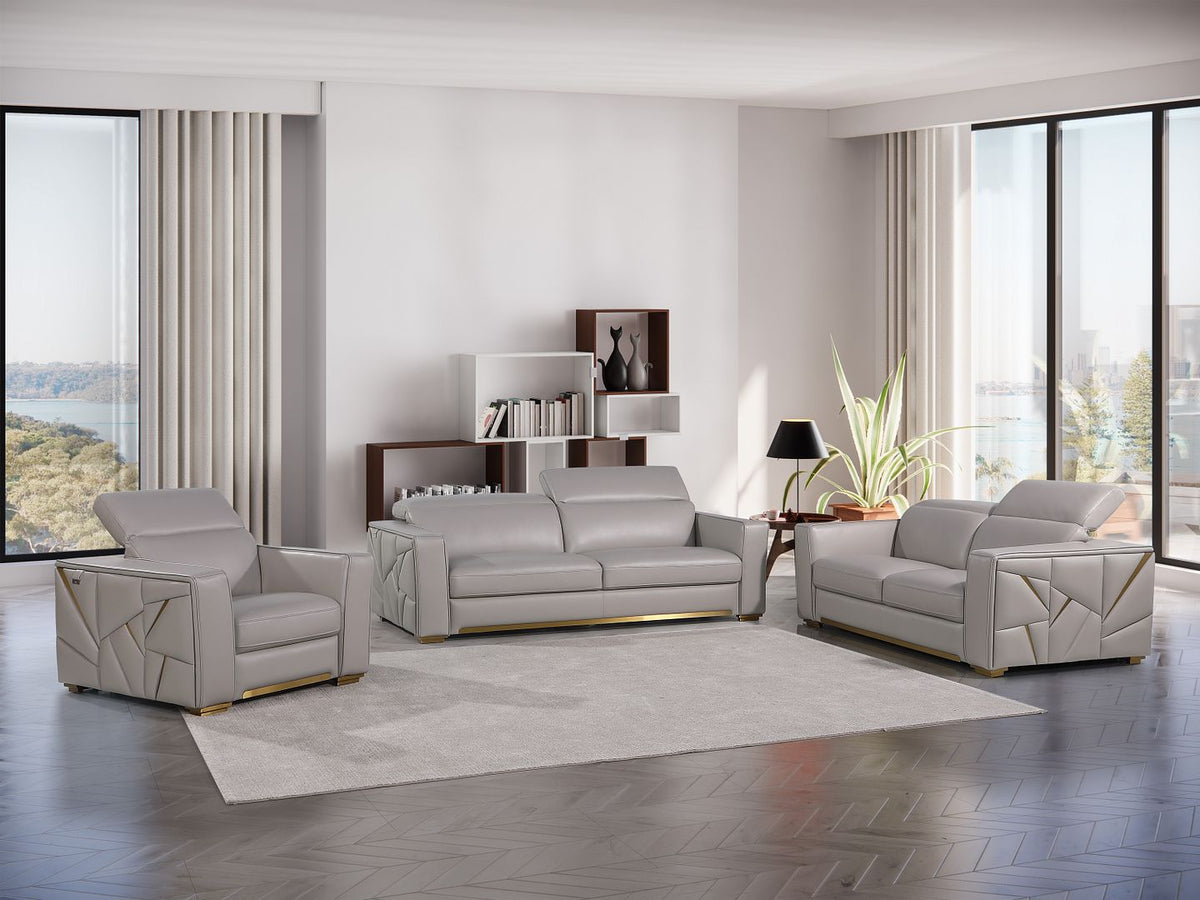1120 Divanitalia 3-Piece Sofa Set with Adjustable Headrest in Top-grain Italian Leather - Light Grey - SKU 1120-LT-GREY-3PC