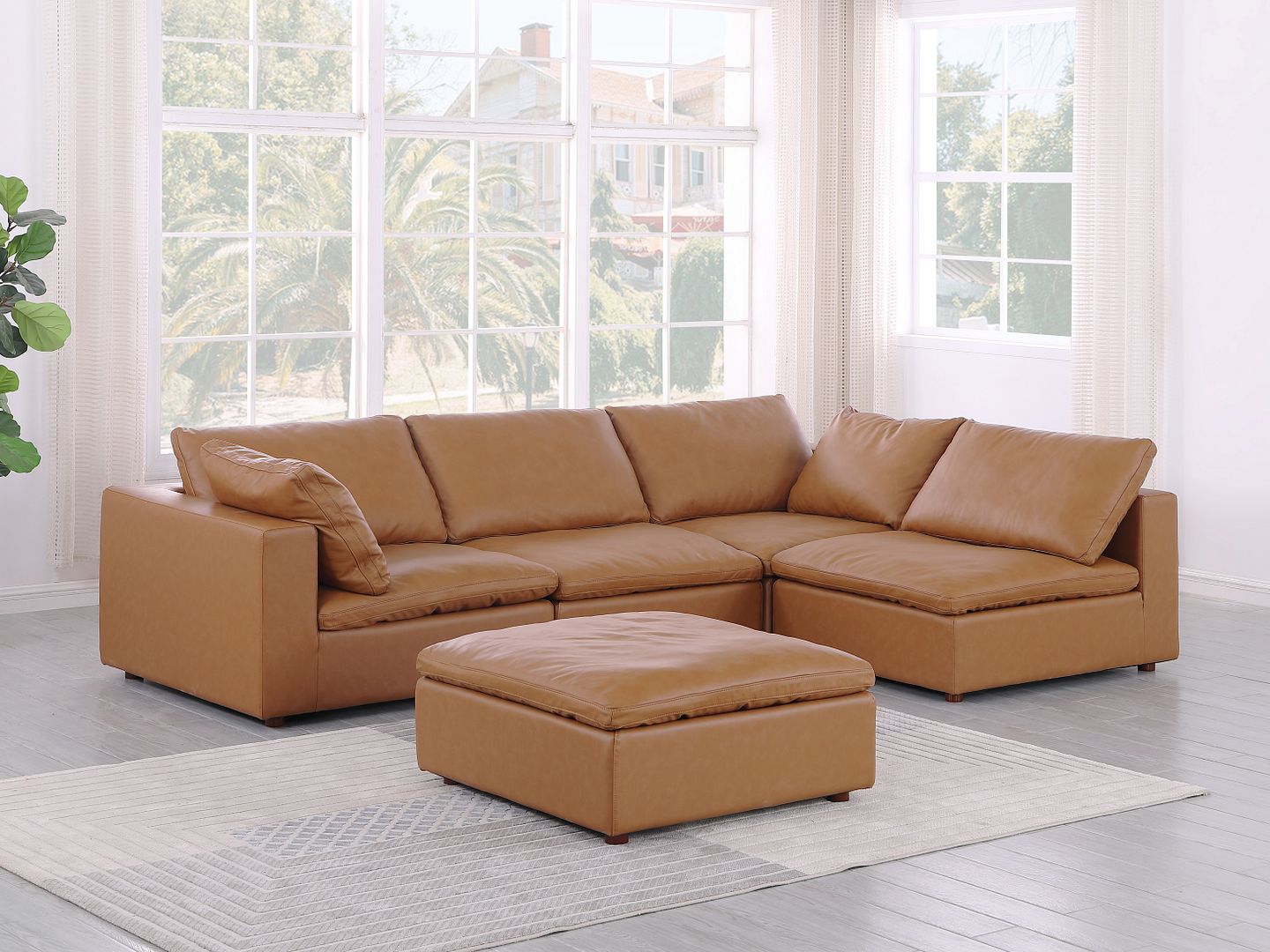 1100 Divanitalia 5-Piece Left Arm Facing 4-Seat Sectional Sofa - Top-grain Italian Leather - Cognac