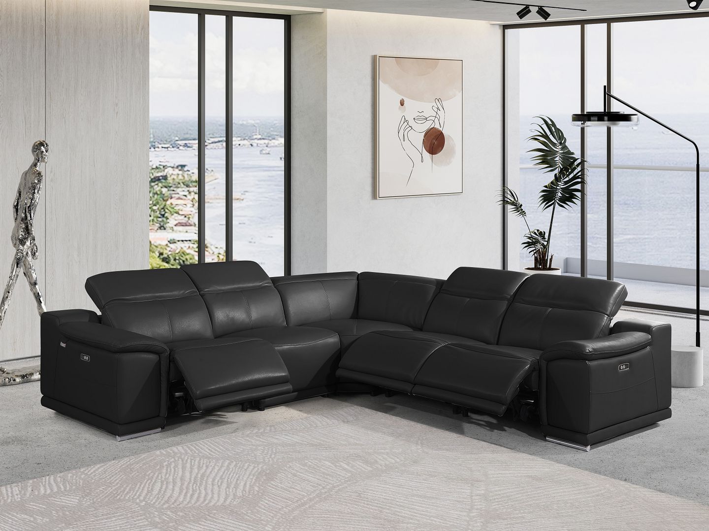 9762 Divanitalia 5-Piece L-Shaped Top Grain Italian Leather Sectional Sofa with 3 Power Recliners - Black