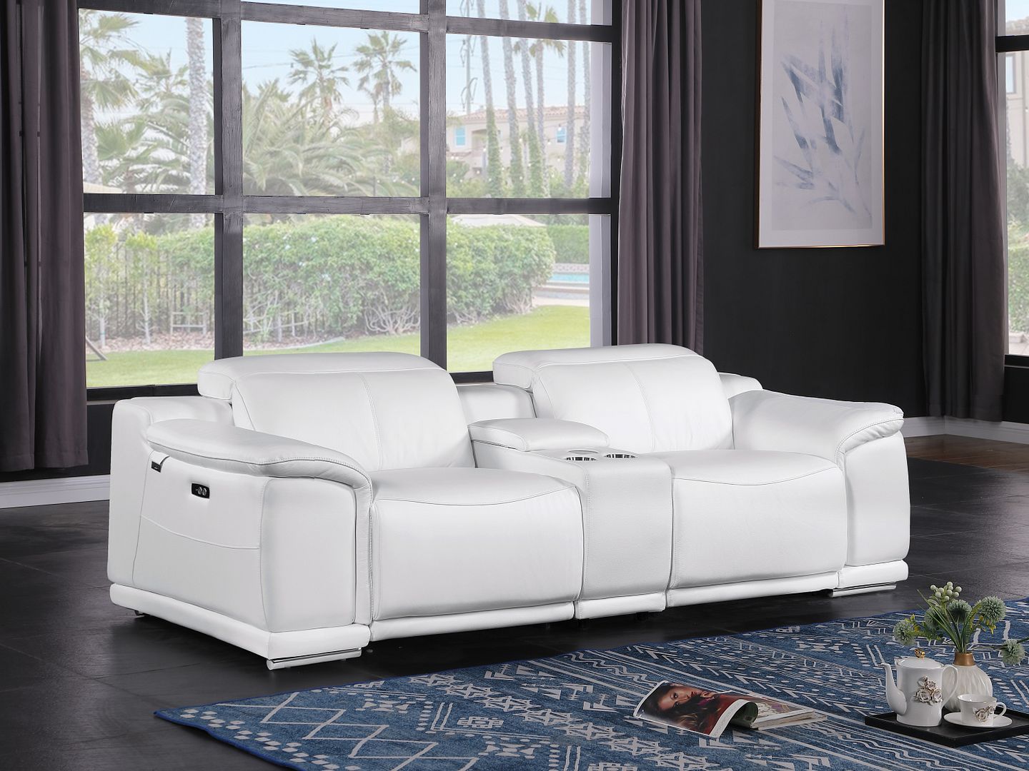 9762 Divanitalia 3-Piece Modular Power Reclining Console Loveseat with 2 Power Recliners in Top Grain Italian Leather - White