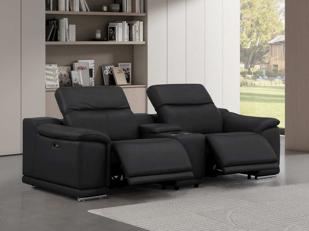 2679 Genuine Leather Console Loveseat with Dual Power Recliners - Black - SKU 2679-BLACK-3.2-HT