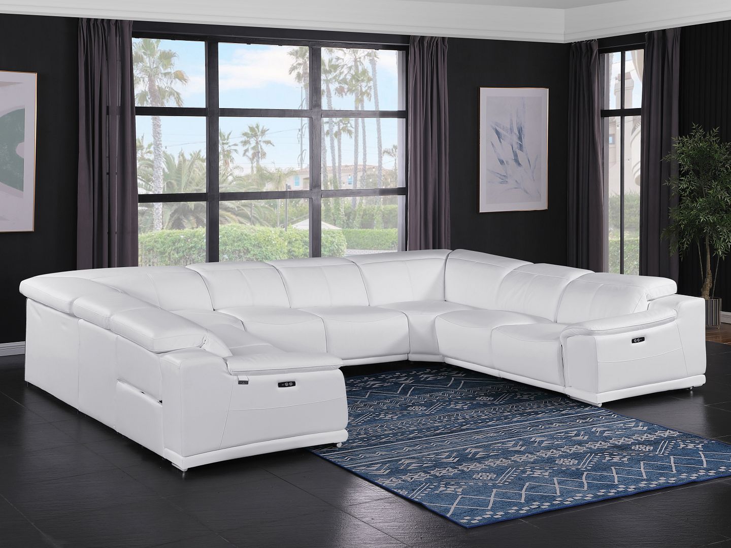 9762 Divanitalia 8-Piece U-Shaped Top Grain Italian Leather Sectional Sofa with 4 Power Recliners - White