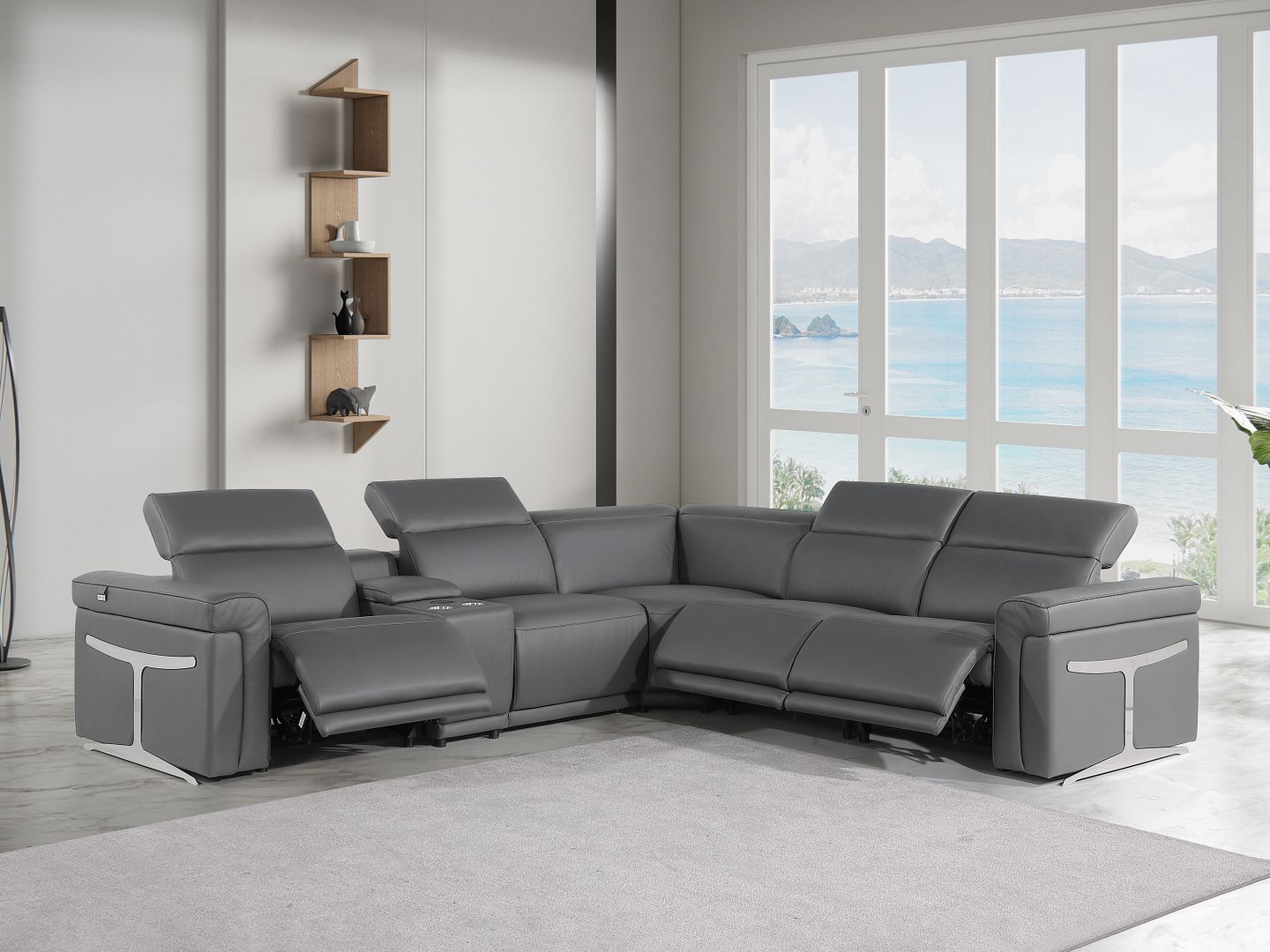 1126 Divanitalia 6-Piece L-Shaped Sectional Sofa in Top Grain Italian Leather with 3 Power Recliners & Power Headrests - Dark Grey
