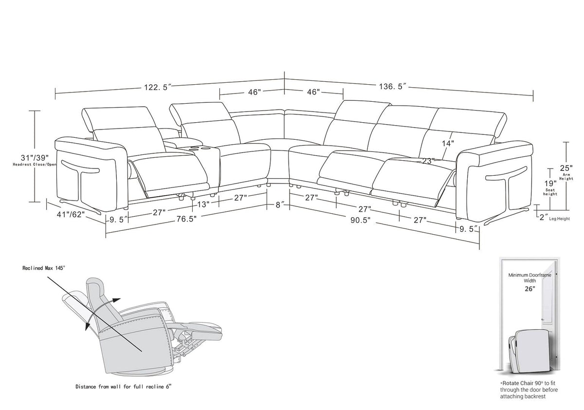 1126 Divanitalia 7-Piece L-Shaped Sectional Sofa in Top Grain Italian Leather with 3 Power Recliners & Power Headrests - Dark Grey - SKU 1126-DK-GREY-SEC-7PC-3PWR-SECTIONAL-GROUP - view 16