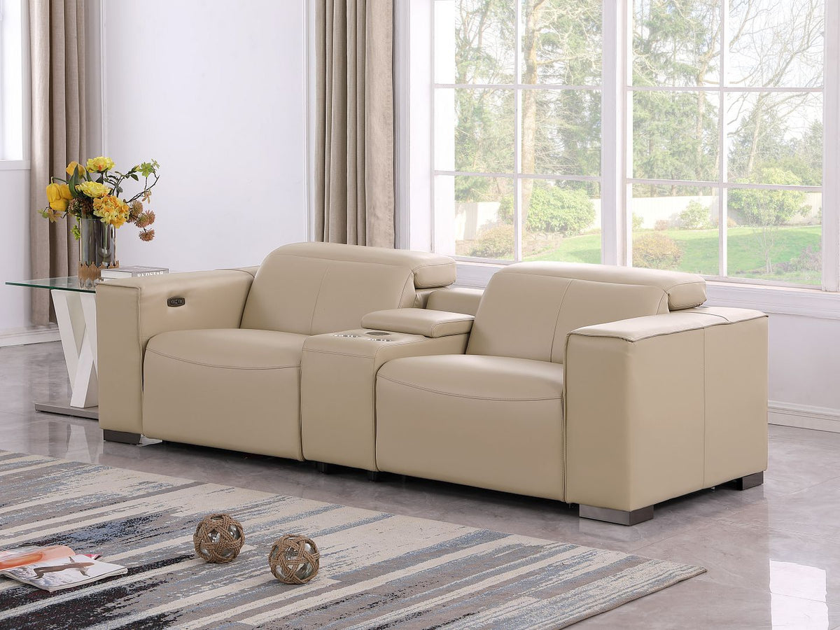 1208 Genuine Leather Dual Power Reclining Console Loveseat - Beige - SKU 1208-BEIGE-3.2-HT