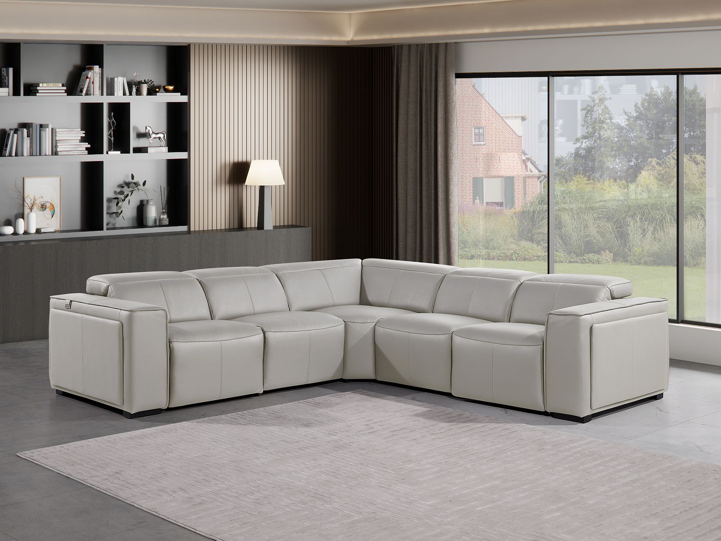 1224 Divanitalia 5-Piece L-Shaped Sectional Sofa in Top Grain Italian Leather with 3 Power Recliners & Power Headrests - Light Grey