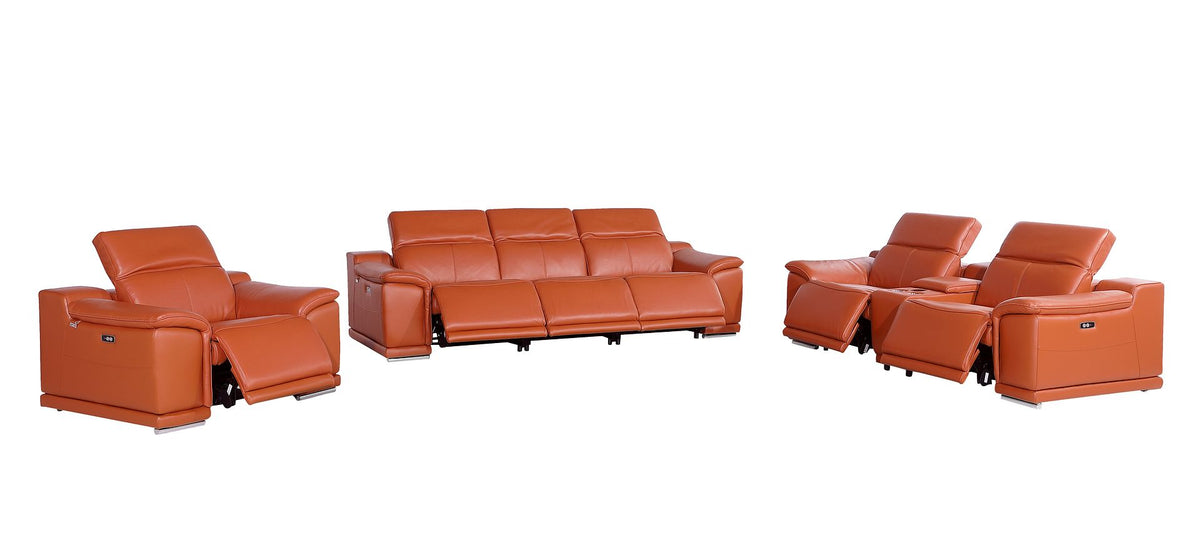 9762 Divanitalia 7-Piece Modular Power Reclining Sofa, Loveseat and Chair Set with 6 Power Recliners in Top Grain Italian Leather - Camel - SKU 9762-CAMEL-7.6-HT-3PC - view 3