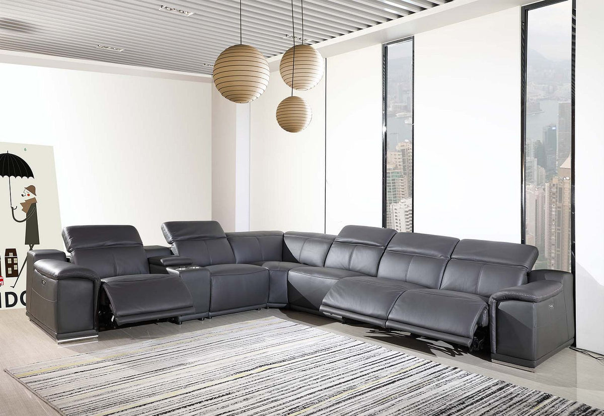 9762 Divanitalia 7-Piece L-Shaped Top Grain Italian Leather Sectional Sofa with 3 Power Recliners - Dark Grey - SKU 9762-7PC-3PWR-SECTIONAL- DARK GREY -GROUP
