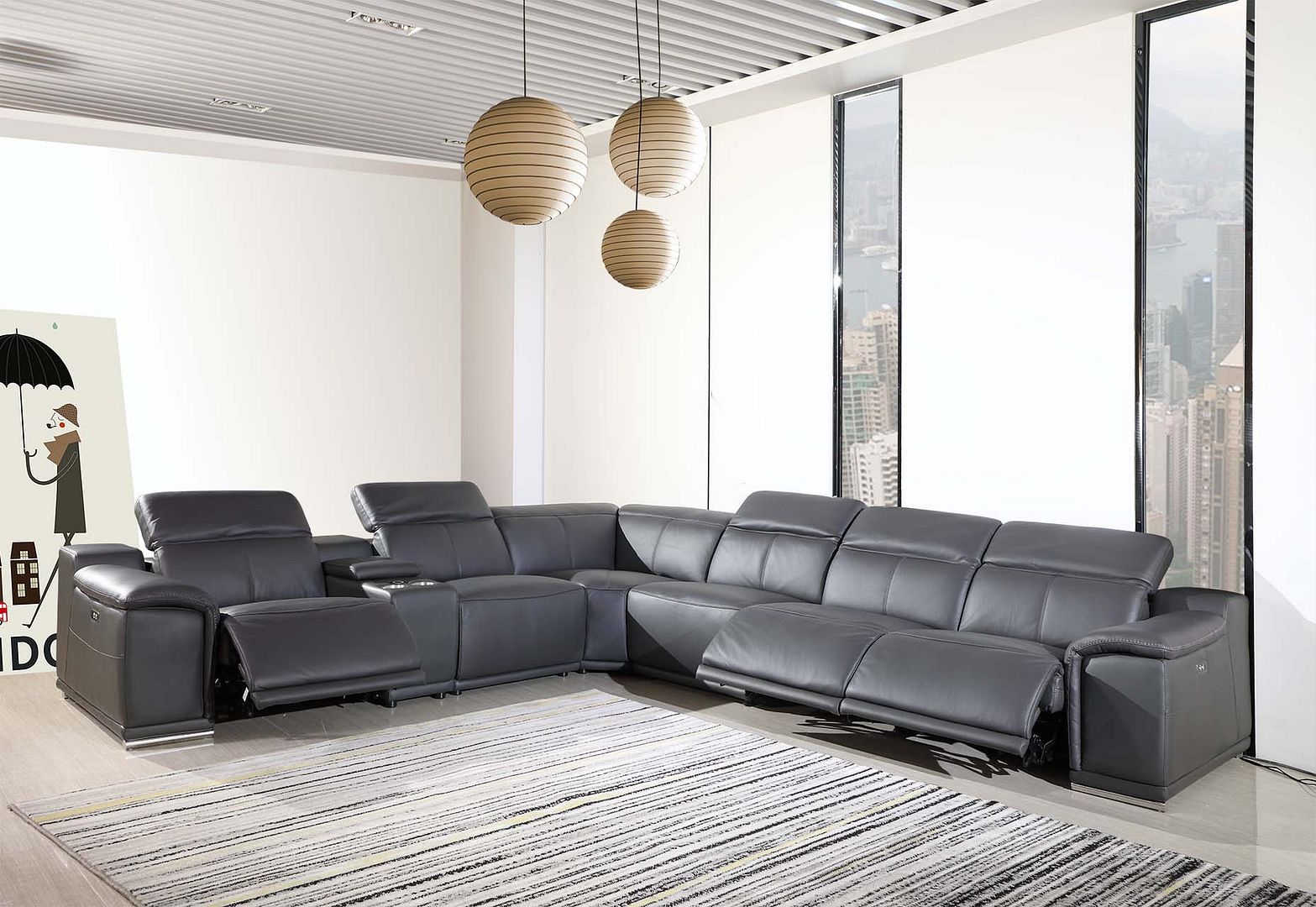 9762 Divanitalia 7-Piece L-Shaped Top Grain Italian Leather Sectional Sofa with 3 Power Recliners - Dark Grey