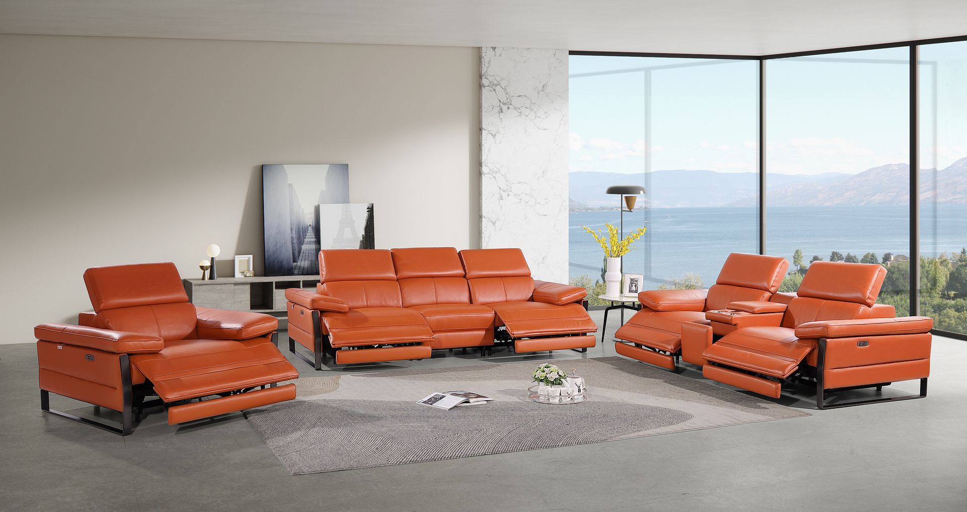 1246 Divanitalia Modular Power Dual Reclining Sofa, Loveseat, and Chair Set with Power Headrests - Top Grain Italian Leather