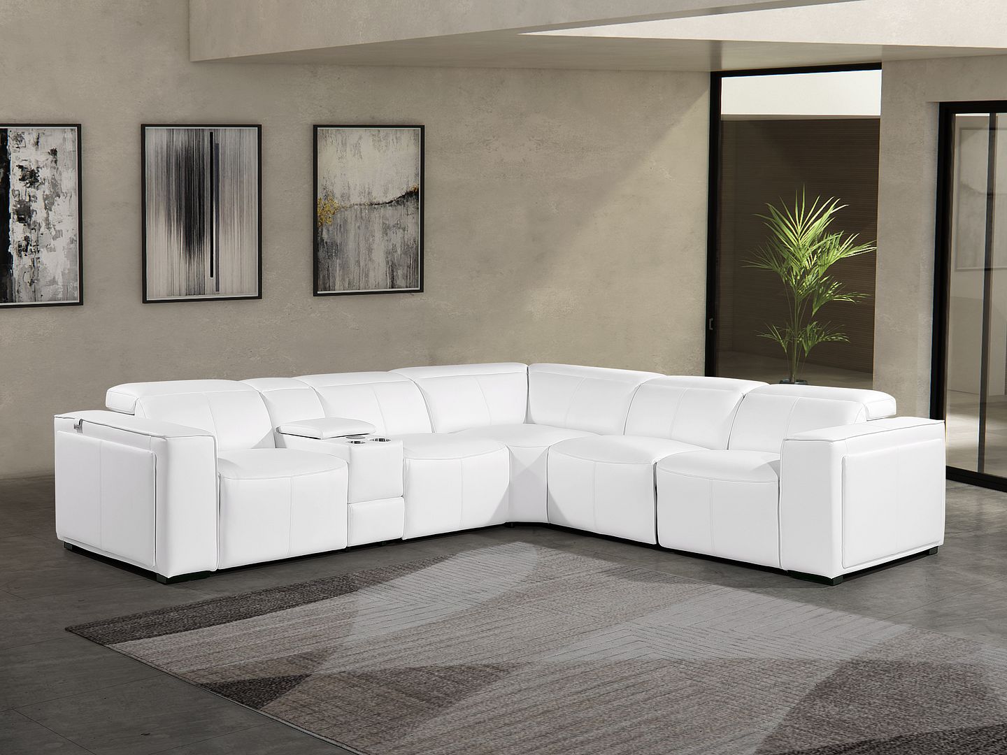 1224 Divanitalia 6-Piece L-Shaped Sectional Sofa in Top Grain Italian Leather with 3 Power Recliners & Power Headrests - White
