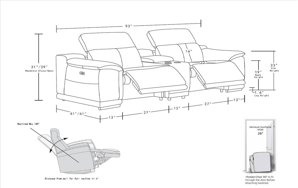 9762 Divanitalia 3-Piece Modular Power Reclining Console Loveseat with 2 Power Recliners in Top Grain Italian Leather