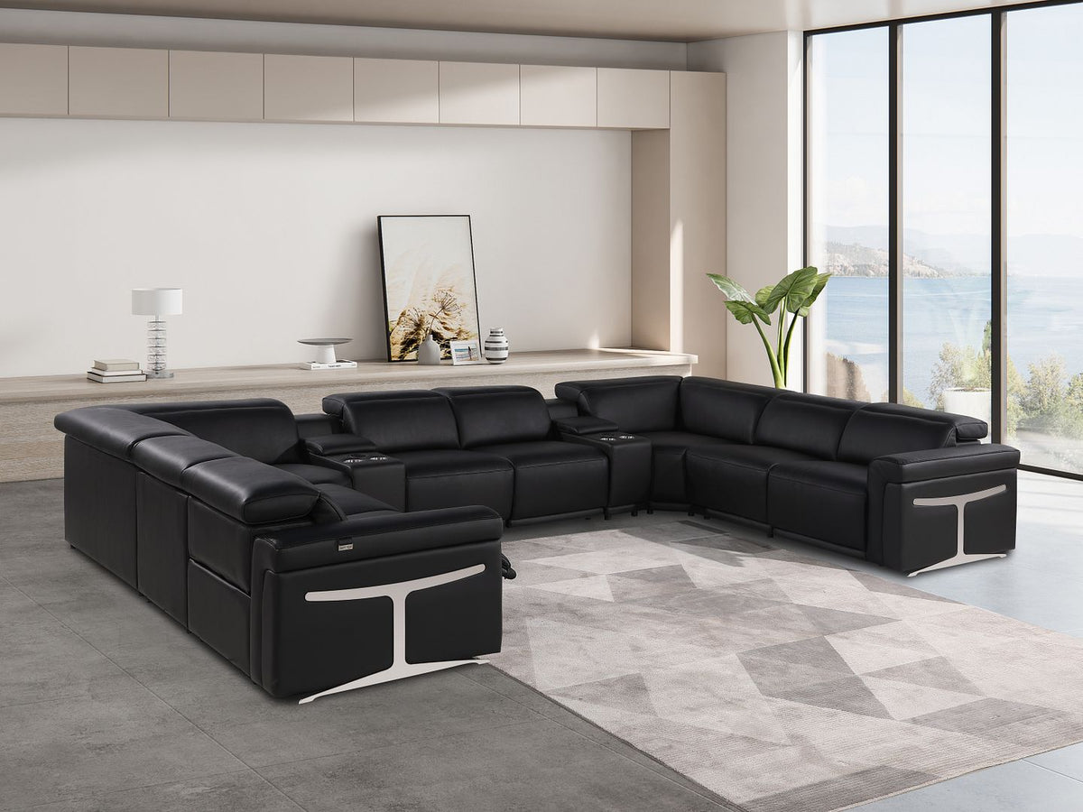 1126 Divanitalia 10-Piece U-Shaped Sectional Sofa in Top Grain Italian Leather with 4 Power Recliners & Power Headrests - Black - SKU 1126-BLACK-10PC-4PWR-U-SECTIONAL-GROUP