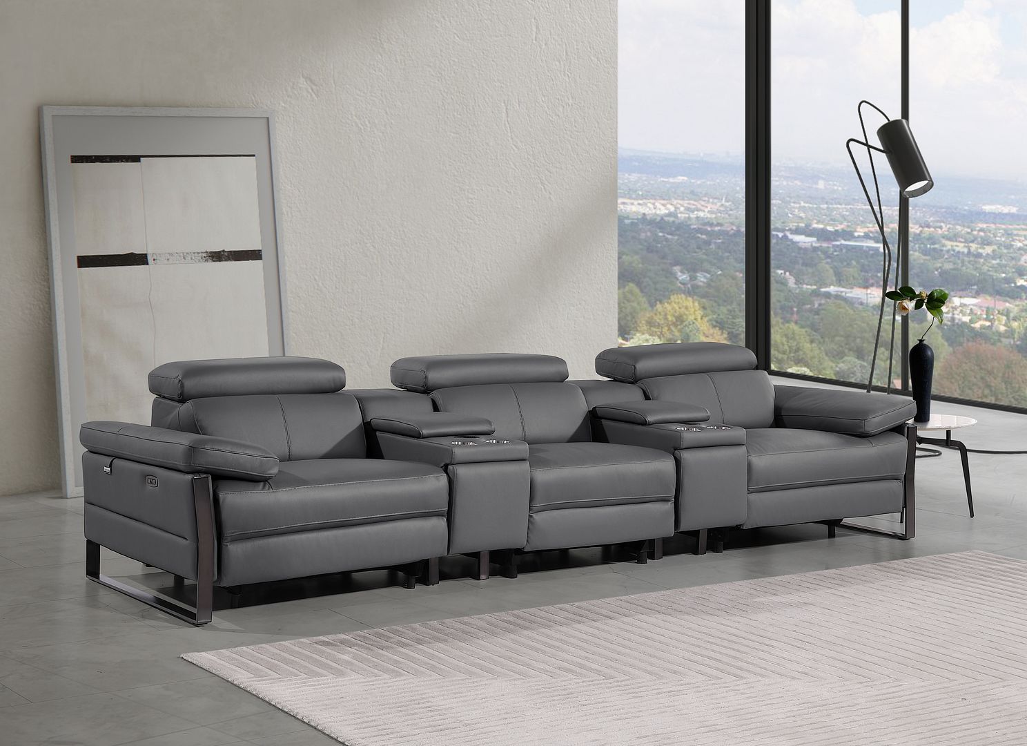 1246 Divanitalia Modular Power Triple Reclining Dual Console Sofa with Power Reclining Headrests - Top Grain Italian Leather - Dark Grey - SKU 1246-DK-GREY-5.3-HT