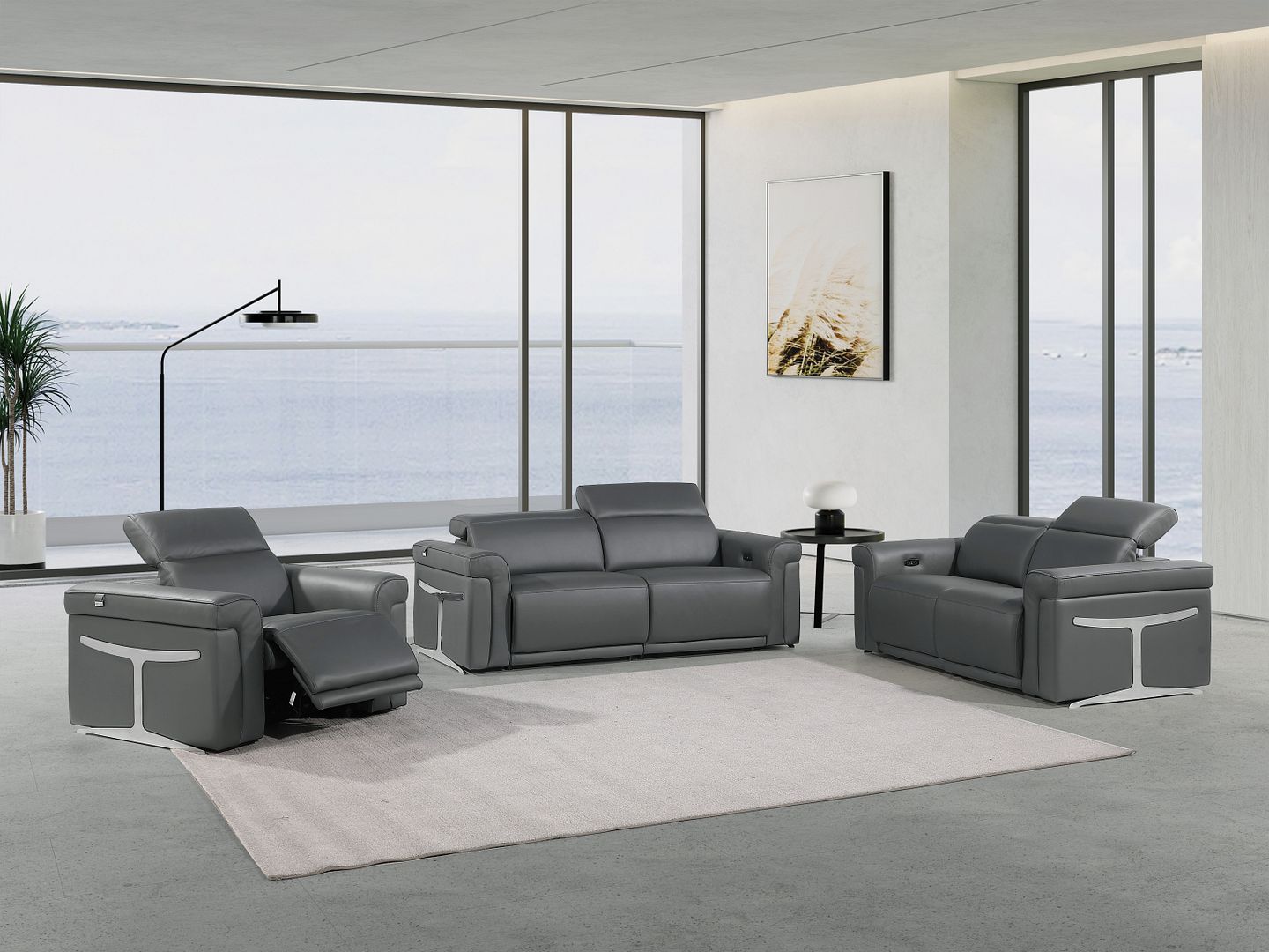 1126 Divanitalia Power Reclining Sofa, Loveseat & Chair Set in Top Grain Italian Leather with 5 Power Recliners & Power Headrests - Dark Grey