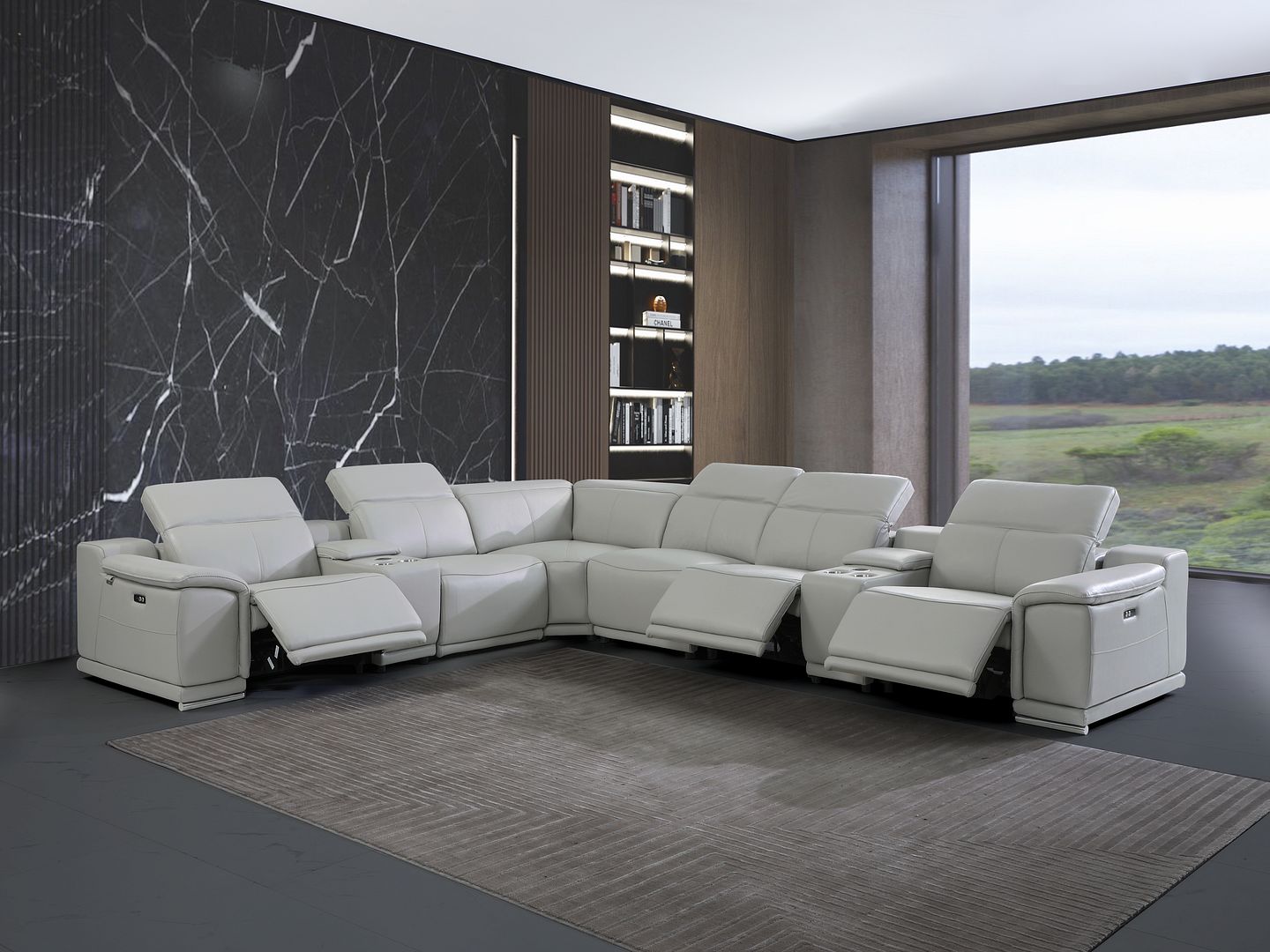 9762 Divanitalia 8-Piece L-Shaped Top Grain Italian Leather Sectional Sofa with 3 Power Recliners - Light Grey