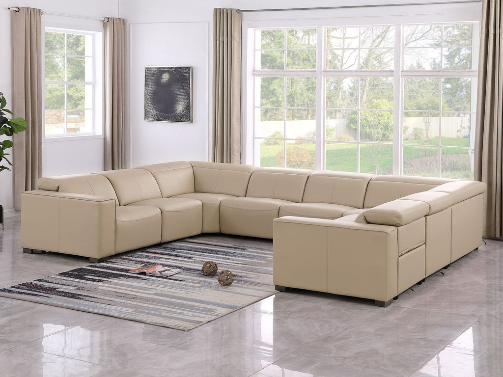1208 8 Piece U-Shaped Leather Sectional Sofa with 4 Power Recliners & Power Headrests - Beige