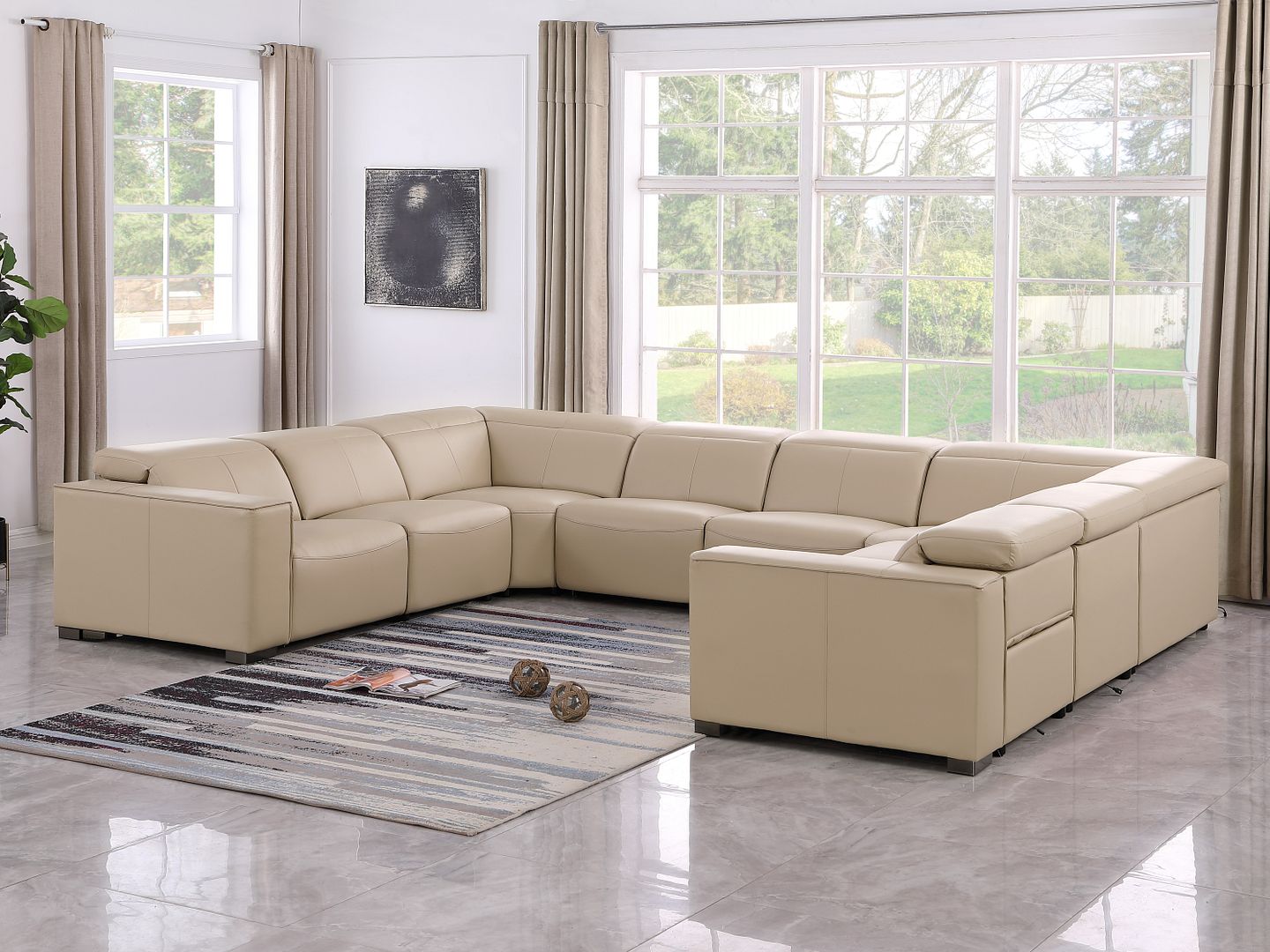 1208 8 Piece U-Shaped Leather Sectional Sofa with 4 Power Recliners & Power Headrests - Beige