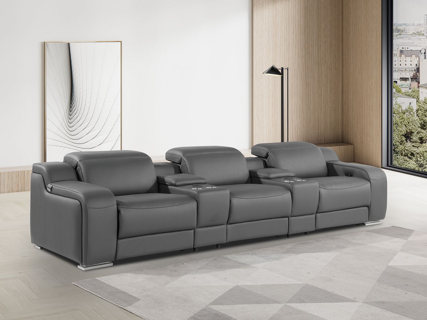 1116 Divanitalia 5-Piece Modular Power Reclining Sofa in Top Grain Italian Leather with 3 Power Recliners & Power Headrests - Dark Grey