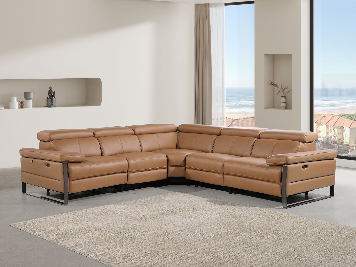1246 Divanitalia 5-Piece L-Shaped Modular Power Reclining Sectional Sofa with Power Headrests - Top Grain Italian Leather - Cognac