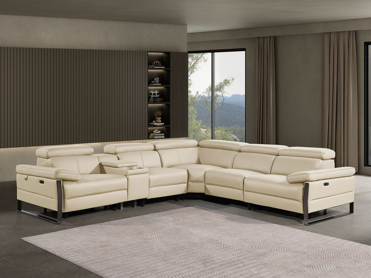 1246 Divanitalia 6-Piece L-Shaped Modular Power Reclining Sectional Sofa with 3 Power Recliners and Power Headrests - Top Grain Italian Leather - Beige - SKU 1246-BEIGE-6PC-3PWR-SECTIONAL