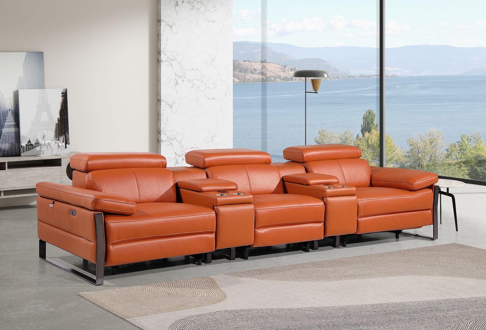 1246 Divanitalia Modular Power Triple Reclining Dual Console Sofa with Power Reclining Headrests - Top Grain Italian Leather - Camel
