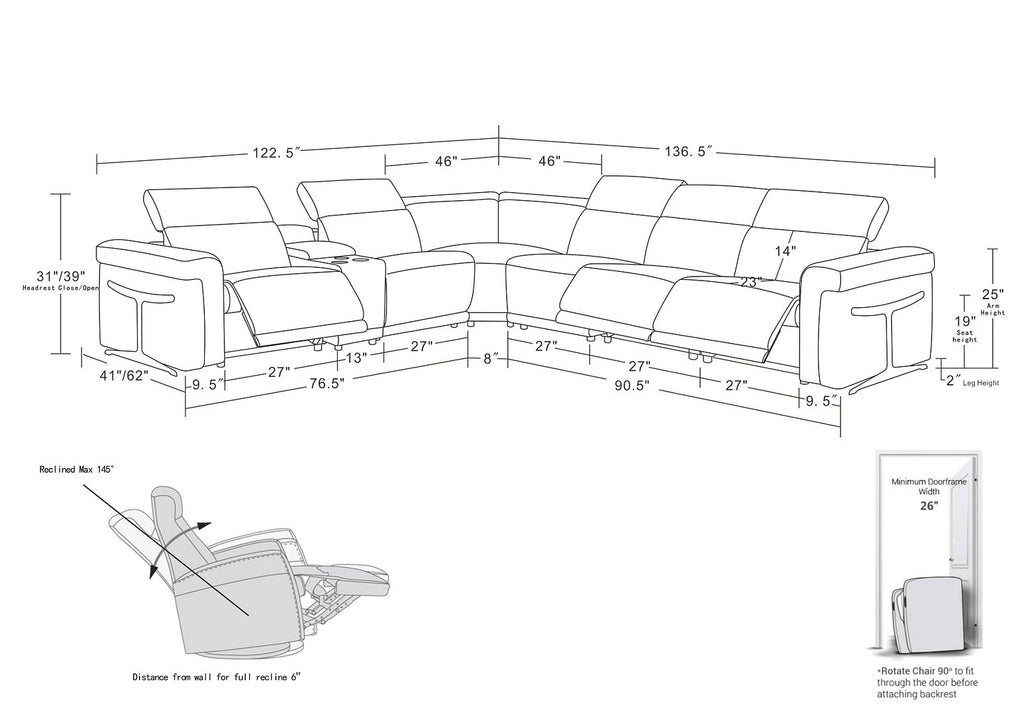 1126 Divanitalia 7-Piece L-Shaped Sectional Sofa in Top Grain Italian Leather with 3 Power Recliners & Power Headrests - Black - SKU 1126-BLACK-SEC-7PC-3PWR-SECTIONAL- GROUP - view 16