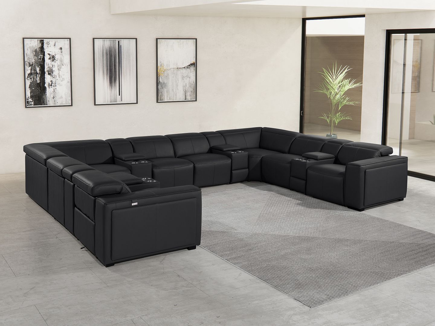 1224 Divanitalia 12-Piece U-Shaped Sectional Sofa in Top Grain Italian Leather with 4 Power Recliners & Power Headrests - Black