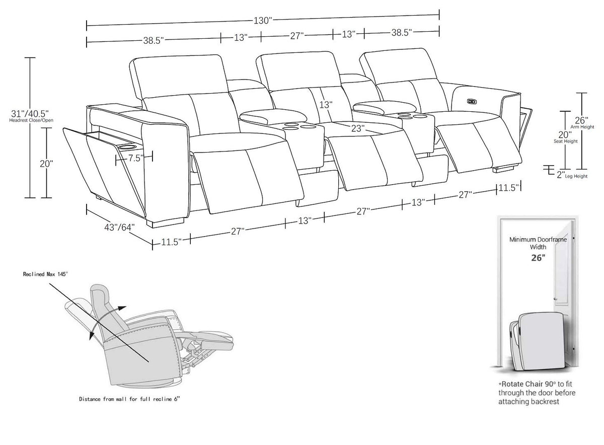 1224 Divanitalia 5-Piece Modular Power Reclining Sofa in Top Grain Italian Leather with 3 Power Recliners & Power Headrests - Light Grey - SKU 1224-LT-GREY-5.3-HT - view 17
