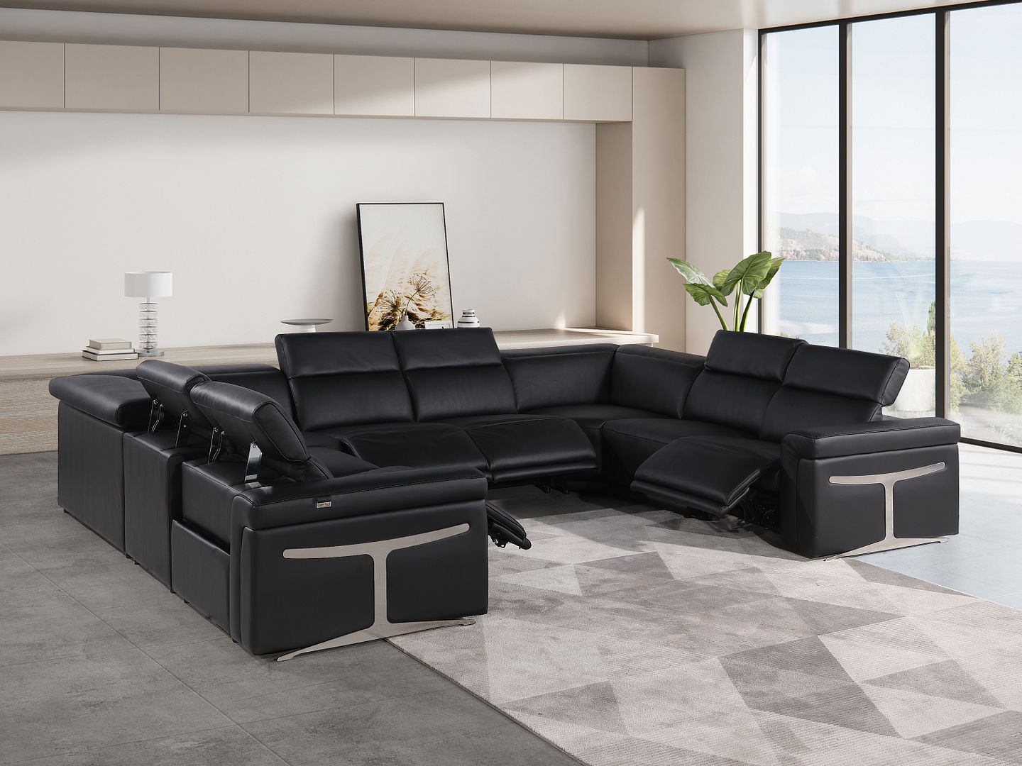 1126 Divanitalia 8-Piece U-Shaped Sectional Sofa in Top Grain Italian Leather with 4 Power Recliners & Power Headrests