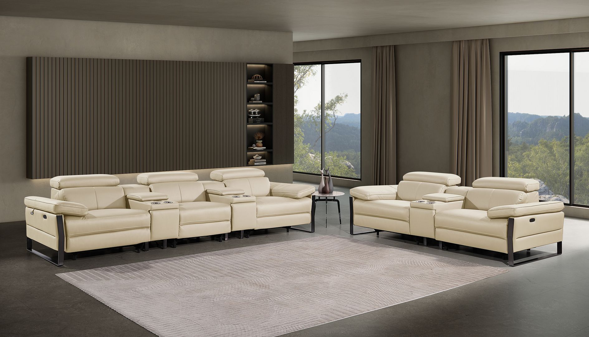 1246 Divanitalia Modular Power Reclining Dual Console Sofa and Console Loveseat Set with Power Headrests - Top Grain Italian Leather - Beige - SKU 1246-BEIGE-8.5-HT-2PC