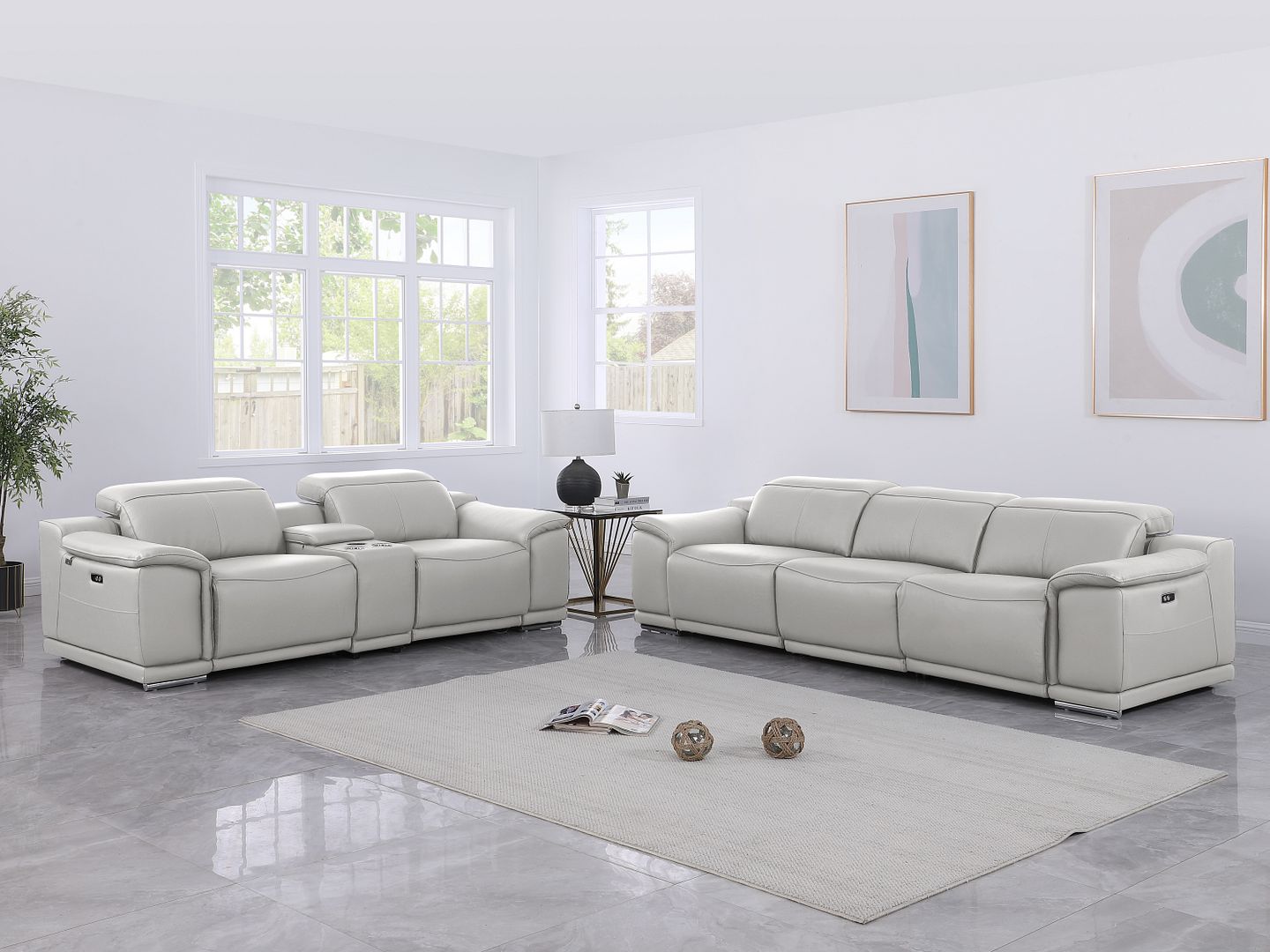 9762 Divanitalia 6-Piece Modular Power Reclining Sofa and Console Loveseat Set with 5 Power Recliners in Top Grain Italian Leather - Light Grey