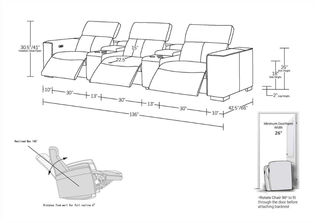 1208 Leather Sofa with 3 Power Recliners and Two Storage Consoles
