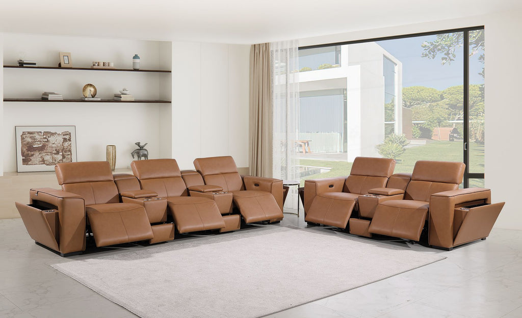 1224 Divanitalia 8-Piece Modular Power Reclining Sofa & Loveseat Set in Top Grain Italian Leather with 5 Power Recliners & Power Headrests - Cognac - SKU 1224-COGNAC-8.5-HT-2PC - view 2