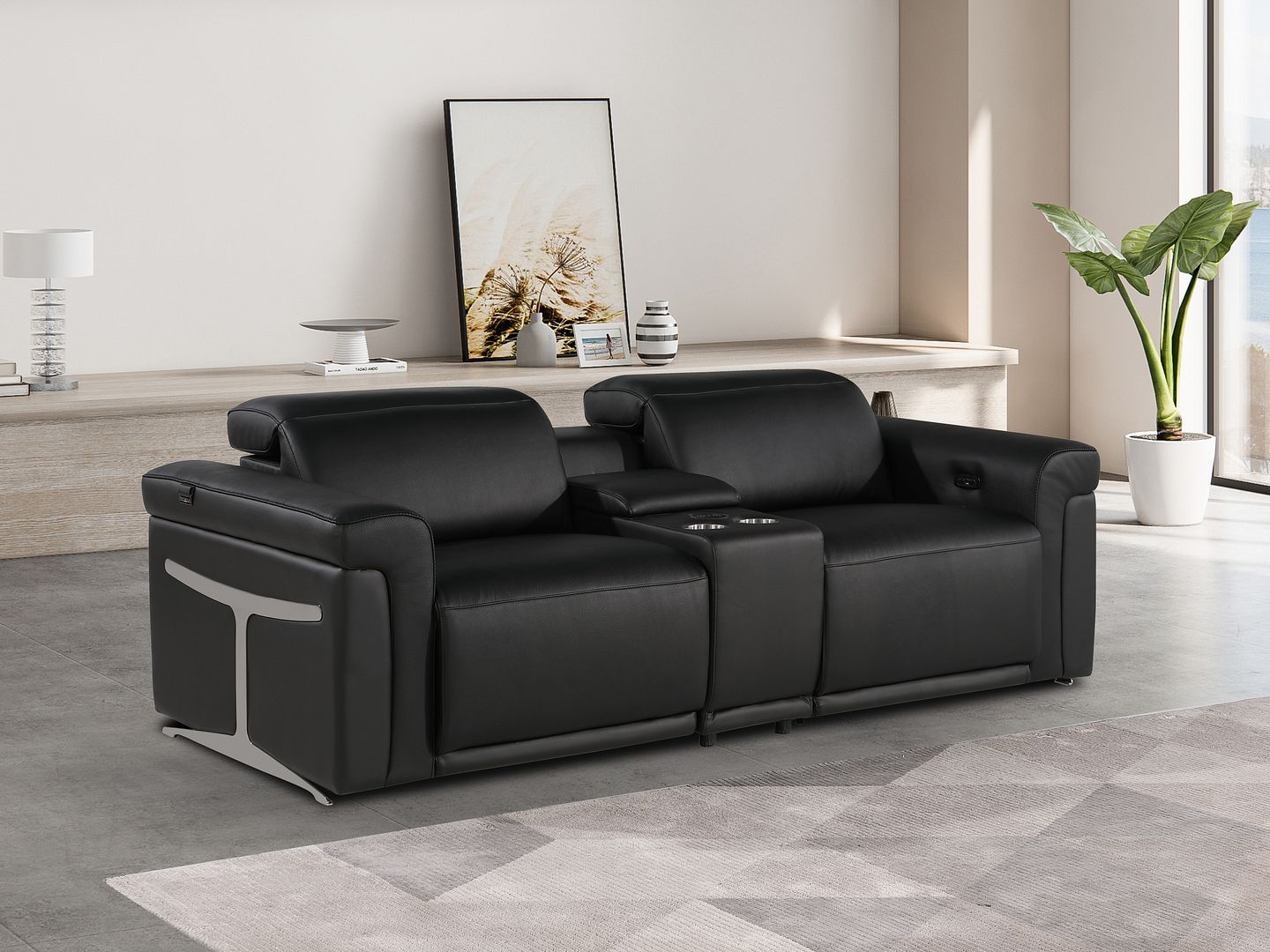 1126 Divanitalia 3-Piece Modular Power Reclining Loveseat in Top Grain Italian Leather with 2 Power Recliners & Power Headrests - Black