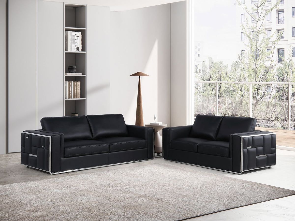 1130 Divanitalia 2-Piece Sofa Set in Top-grain Italian Leather - Black - SKU 1130-BLACK-2PC
