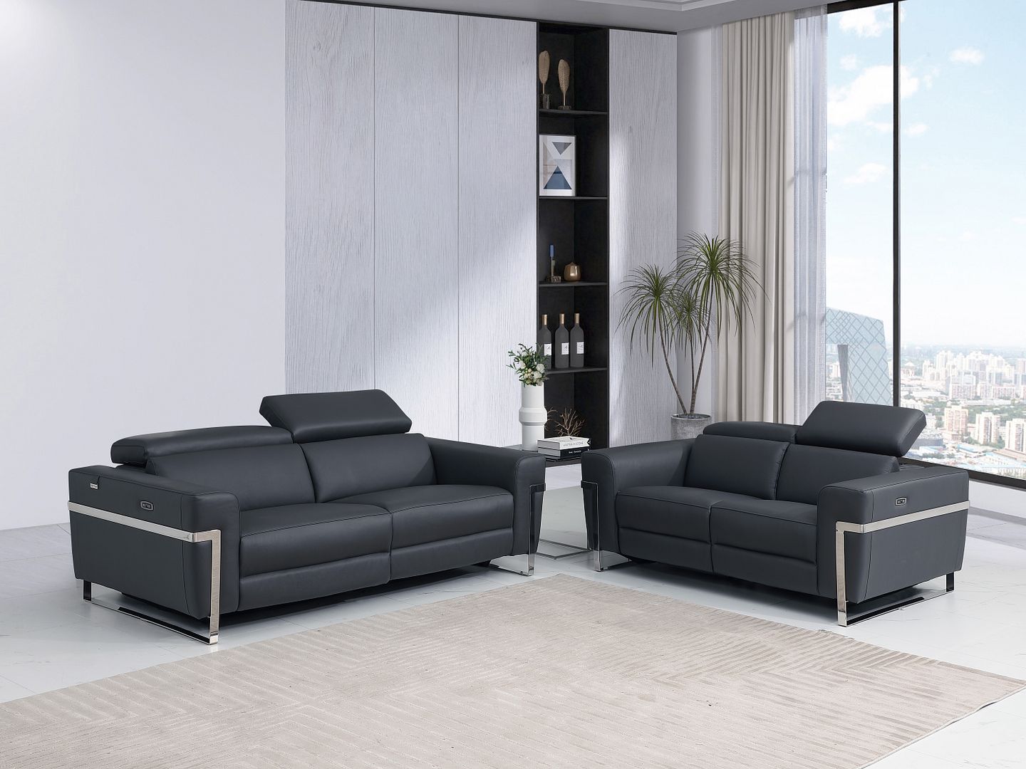 990 Divanitalia Power Reclining 2-Piece Sofa Set with Power Headrest in Top-grain Italian Leather - Dark Grey