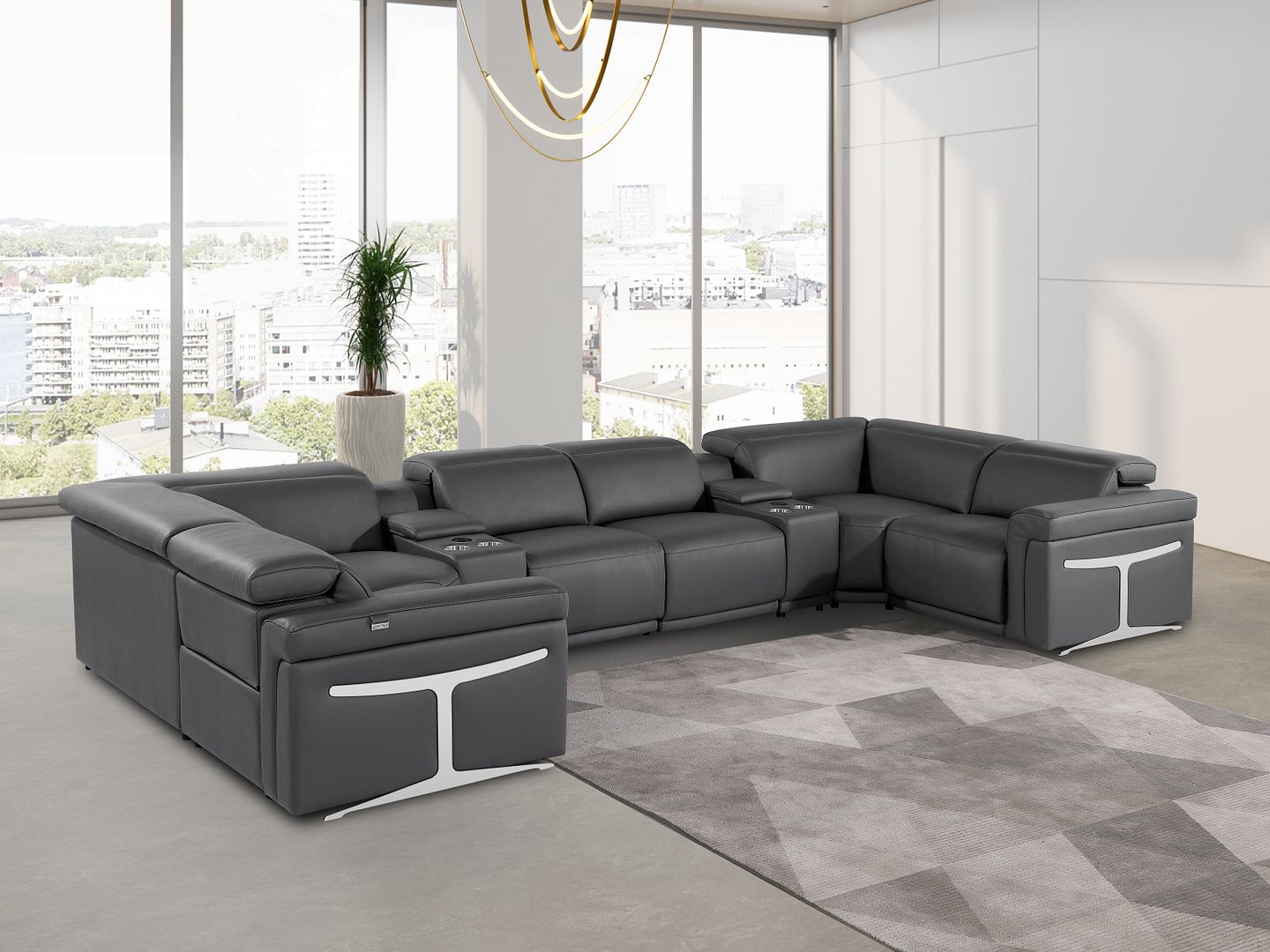 1126 Divanitalia 8-Piece U-Shaped Sectional Sofa in Top Grain Italian Leather with 2 Power Recliners & Power Headrests - Dark Grey