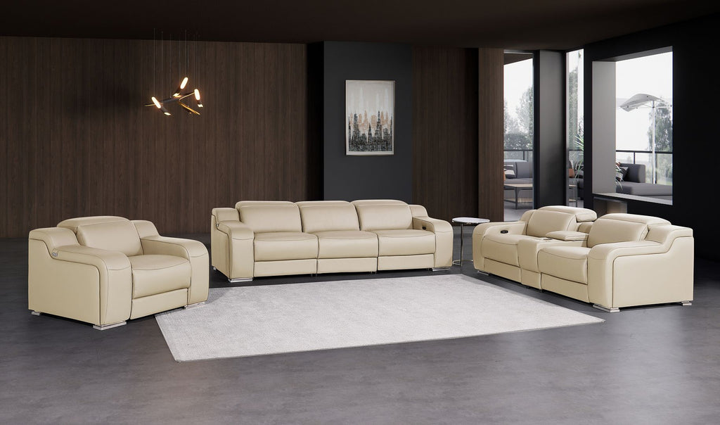 1116 Divanitalia 7-Piece Modular Power Reclining Sofa, Loveseat & Chair Set in Top Grain Italian Leather with 5 Power Recliners & Power Headrests - Beige - SKU 1116-BEIGE-7.5-HT-3PC