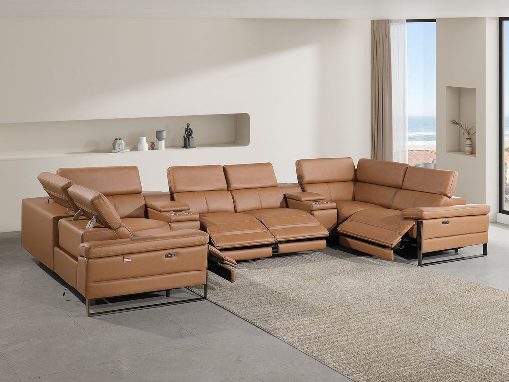 1246 Divanitalia 8-Piece U-Shaped Modular Power Reclining Sectional Sofa with 4 Power Recliners and Power Headrests - Top Grain Italian Leather