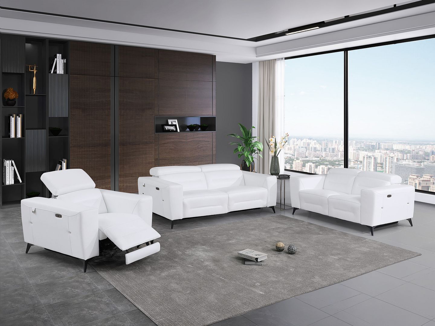 989 Divanitalia Power Reclining 3-Piece Sofa Set with Power Headrest in Top-grain Italian Leather - White