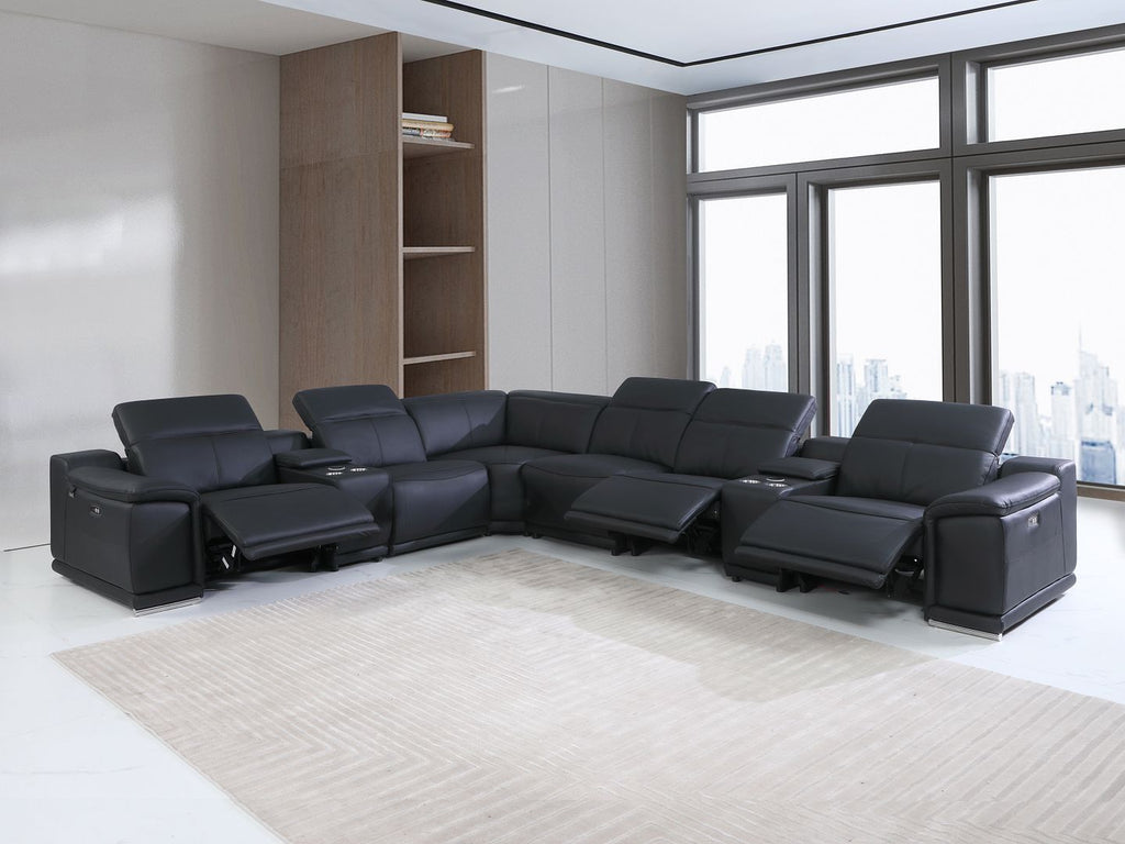 9762 Divanitalia 8-Piece L-Shaped Top Grain Italian Leather Sectional Sofa with 3 Power Recliners - Black