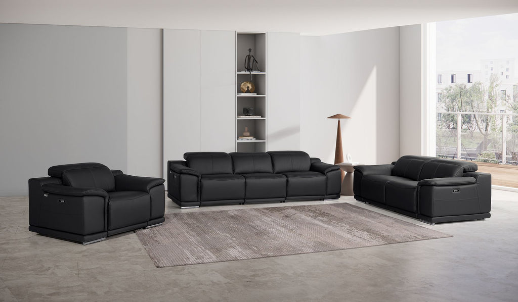 9762 Divanitalia 6-Piece Modular Power Reclining Sofa, Loveseat and Chair Set with 6 Power Recliners in Top Grain Italian Leather - Black - SKU 9762-BLACK-6.6-HT-3PC